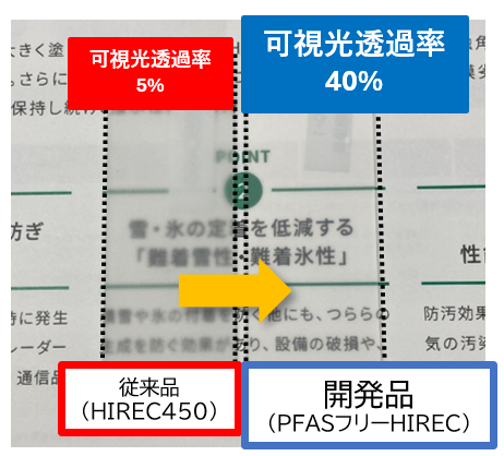 スライドガラスに従来品と開発品をそれぞれ塗装したときの比較写真