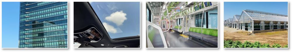 SQPVガラスの将来的な適用のイメージ(オフィスビルの壁面(ガラス)として適用、自動車の天井に適用、電車の窓や扉に適用、農作物のハウスに適用などのイメージ)